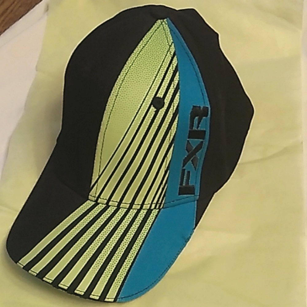 KIDS FXR. Black, bright lime green, teal L/XL baseball hat (not adjustable)
